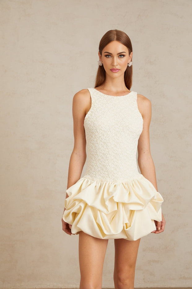 Adele Neutrals Mini Dress Sleeveless Open Back Lace Bubble Hem Skirt Rear Zip Fastening Cotton Polyamide Blend Elegant Sophisticated Women's Fashion