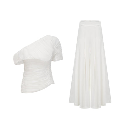 Adele white creased matching set with top and trousers on plain background
