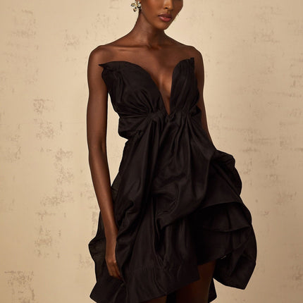 Adelina Black Asymmetrical Ruffle Cocktail Dress Boned Bodice Off Shoulder Sleeveless Rear Zip Fastening Mini Dress
