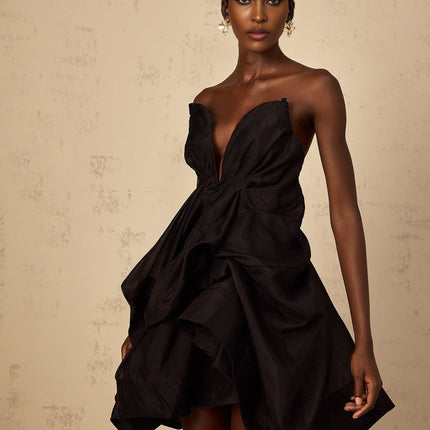 Adelina Black Asymmetrical Ruffle Cocktail Dress Boned Bodice Sleeveless Mini Dress