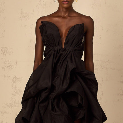 Adelina Black Asymmetrical Ruffle Cocktail Dress Boned Bodice Off the Shoulder Sleeveless Ruffled Detailing Rear Zip Fastening Luxurious Blend Terylene Cotton