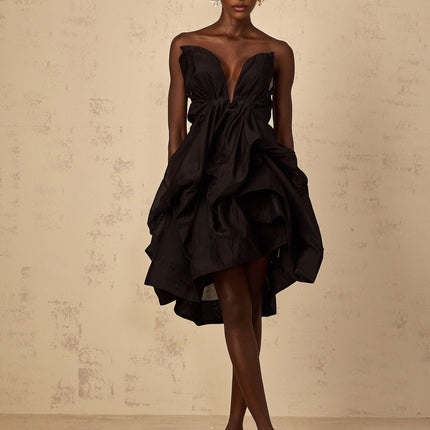 Adelina Black Asymmetrical Ruffle Cocktail Dress Boned Bodice Sleeveless Off Shoulder Rear Zip Fastening Mini Dress