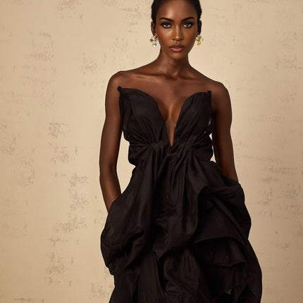 Adelina Black Asymmetrical Ruffle Cocktail Mini Dress Boned Bodice Sleeveless Rear Zip Fastening Luxurious Blend Terylene Cotton
