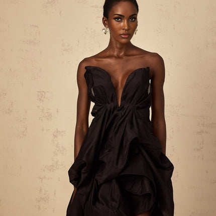Adelina Black Asymmetrical Ruffle Cocktail Dress Boned Bodice Off-Shoulder Sleeveless Rear Zip Fastening Luxurious Blend Terylene Cotton