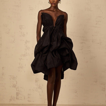 Adelina Black Asymmetrical Ruffle Cocktail Dress Boned Bodice Sleeveless Off-Shoulder Elegant Luxurious Blend Terylene Cotton
