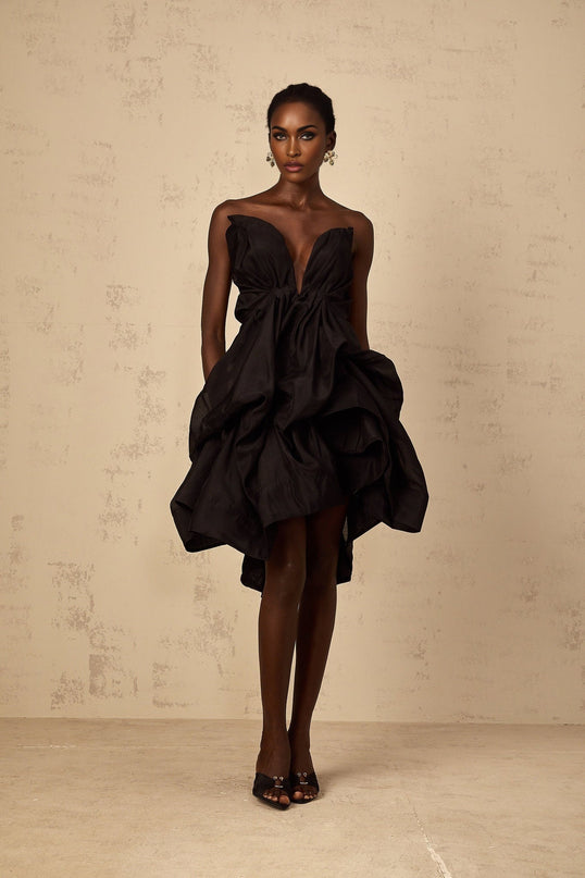 Adelina Black Asymmetrical Ruffle Cocktail Dress Boned Bodice Sleeveless Off-Shoulder Elegant Luxurious Blend Terylene Cotton