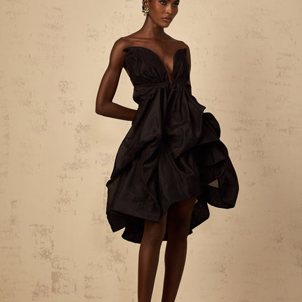 Adelina Black Asymmetrical Ruffle Cocktail Dress Boned Bodice Sleeveless Off-the-Shoulder Rear Zip Fastening Luxurious Blend Terylene Cotton