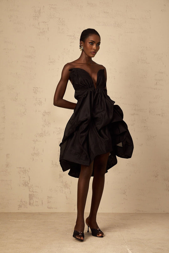 Adelina Black Asymmetrical Ruffle Cocktail Dress Boned Bodice Sleeveless Off-the-Shoulder Rear Zip Fastening Luxurious Blend Terylene Cotton