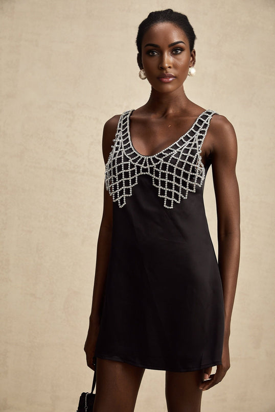 Adelina Black Crystal Embellished Aline V-Neck Mini Dress