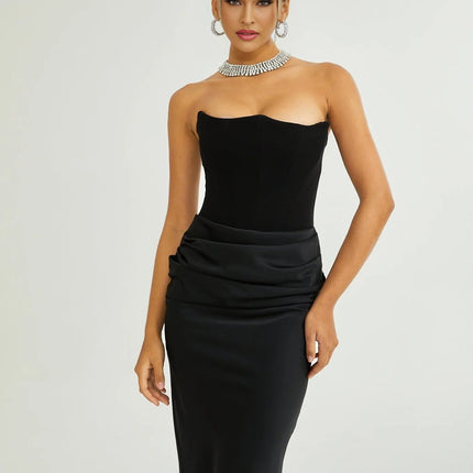 Adelina Black Off-Shoulder Pleated Maxi Dress Terylene Fiber Flared Hem Elegant Special Occasions Glamorous Events Modern Classic