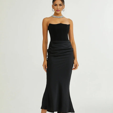 Adelina Black Off-Shoulder Pleated Maxi Dress in Terylene Fiber for Special Occasions and Events
