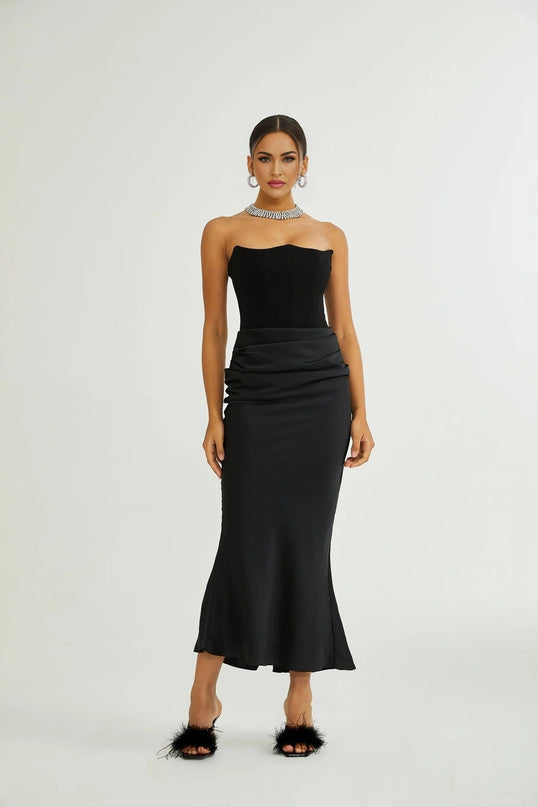 Adelina Black Off-Shoulder Pleated Maxi Dress in Terylene Fiber for Special Occasions and Events