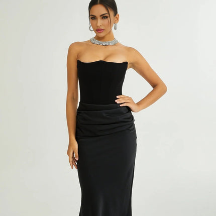 Adelina Black Off-Shoulder Pleated Maxi Dress Terylene Fiber Flared Hem Elegant Special Occasions Glamorous Events Modern Classic