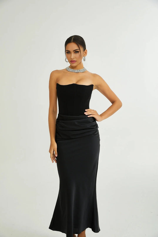 Adelina Black Off-Shoulder Pleated Maxi Dress Terylene Fiber Flared Hem Elegant Special Occasions Glamorous Events Modern Classic