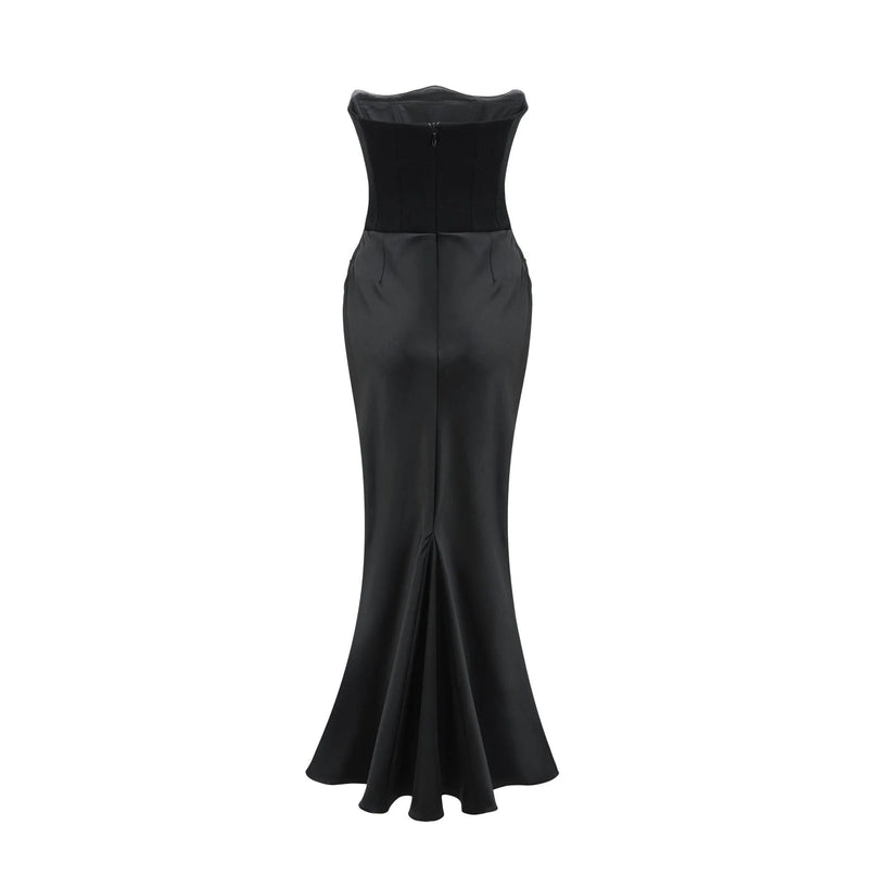 Adelina Black Maxi Dress Off-Shoulder Pleated Detail Flared Hem Terylene Fiber Special Occasions Glamorous Events Elegant Sophistication Modern Classic Style