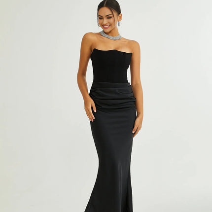 Adelina Black Off-Shoulder Pleated Maxi Dress in Luxurious Terylene Fiber for Special Occasions and Events