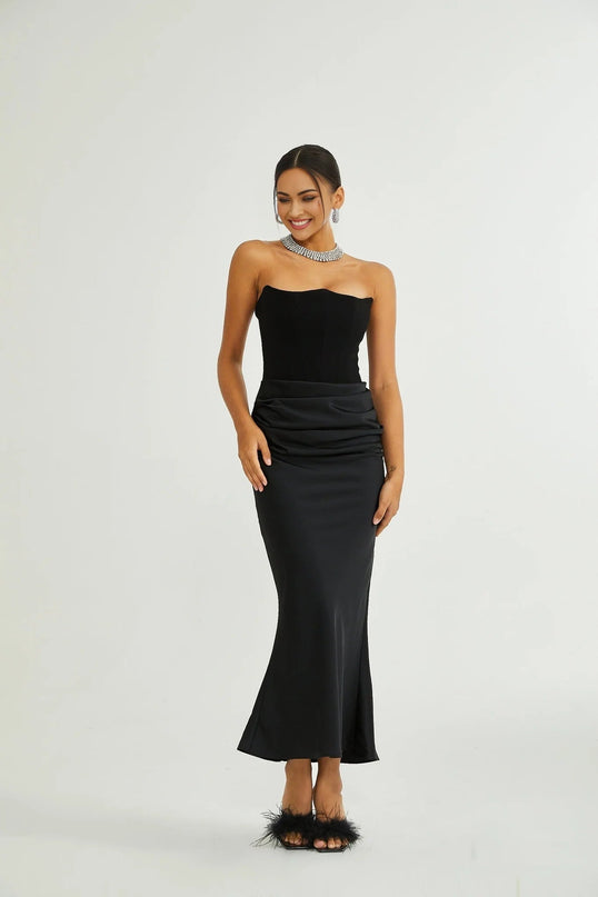 Adelina Black Off-Shoulder Pleated Maxi Dress in Luxurious Terylene Fiber for Special Occasions and Events