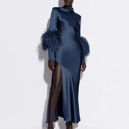 Adelina Blue Dress with Artistic Flair silk Italy ankle-length A-LINE O-neck pullover closure full-length sleeves natural fiber luxurious comfort all seasons timeless style modern twist exquisite piece Italian craftsmanship effortless sophistication discerning fashion connoisseur