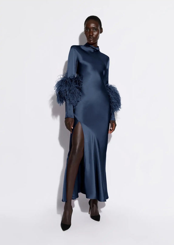 Adelina Blue Dress with Artistic Flair silk Italy ankle-length A-LINE O-neck pullover closure full-length sleeves natural fiber luxurious comfort all seasons timeless style modern twist exquisite piece Italian craftsmanship effortless sophistication discerning fashion connoisseur