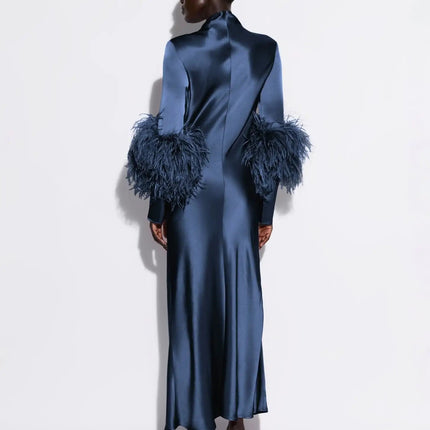Adelina Blue Dress with Artistic Flair silk Italy ankle-length A-LINE O-neck pullover full-length sleeves natural fiber luxury seasons timeless style modern twist Italian craftsmanship sophistication fashion connoisseur