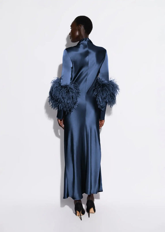 Adelina Blue Dress with Artistic Flair silk Italy ankle-length A-LINE O-neck pullover full-length sleeves natural fiber luxury seasons timeless style modern twist Italian craftsmanship sophistication fashion connoisseur