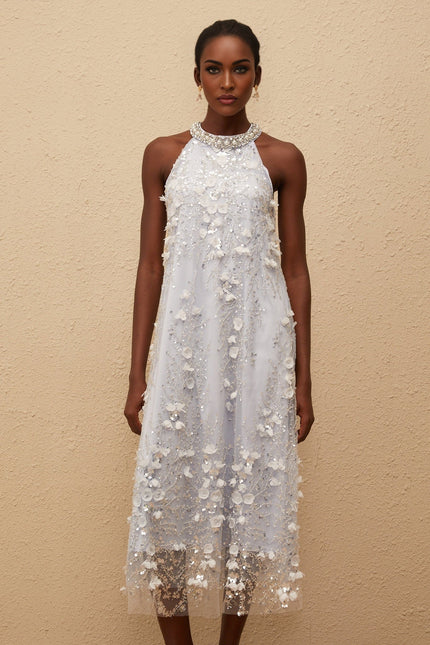 Adelina Blue Midi Dress with 3D-Petal Detailing and Faux-Pearl Embellishments