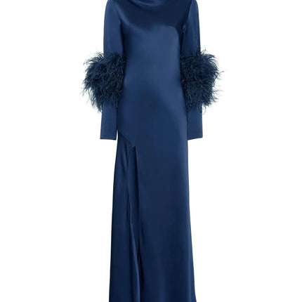 Adelina Blue Silk A-Line Dress with Artistic Flair Italy O-Neck Full-Length Sleeves