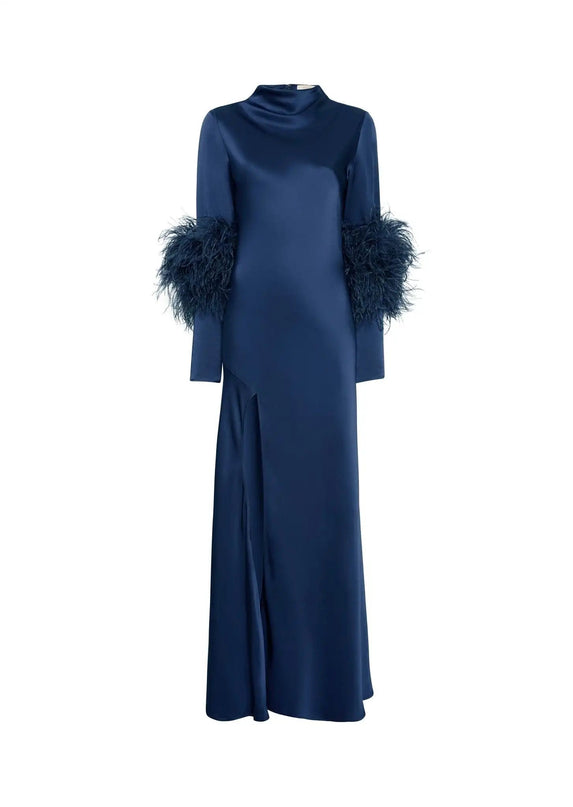 Adelina Blue Silk A-Line Dress with Artistic Flair Italy O-Neck Full-Length Sleeves