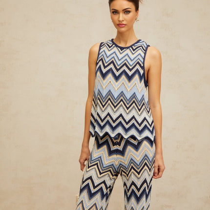 Adelina Blue Zigzag Pointelle-knit Metallic Thread Top Trousers Set