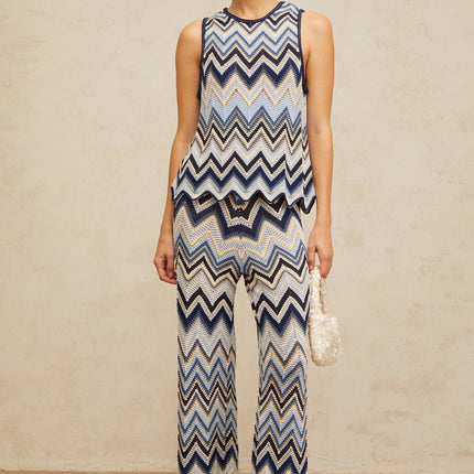 Adelina Blue Zigzag Pointelle Knit Top Trousers Set