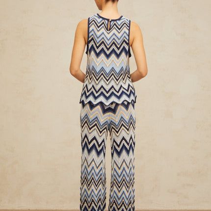 Adelina Blue Zigzag Pointelle Knit Top Trousers Set