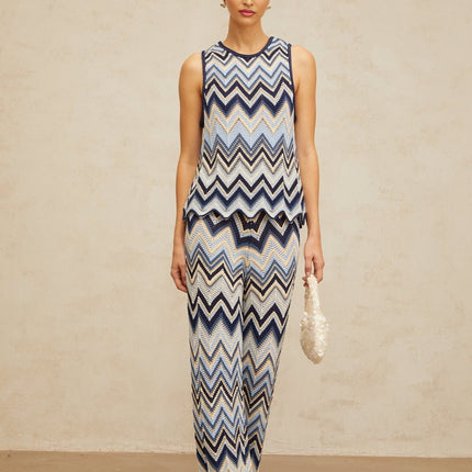 Adelina Blue Zigzag Pointelle Knit Top Trousers Set