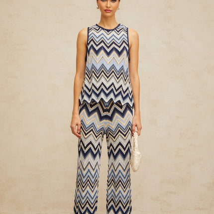 Adelina Blue Zigzag Pointelle Knit Top Trousers Set