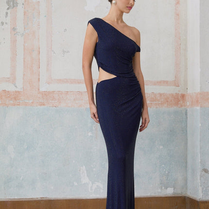 Adelina Dark Blue Maxi Dress with Rhinestone Accents and Ruched Detailing