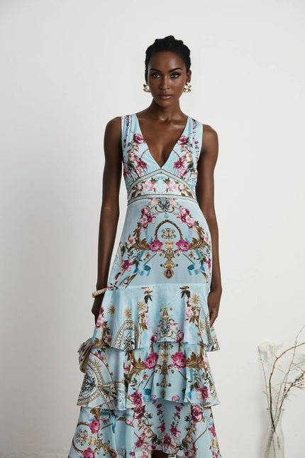 Adelina Blue & Multicolor Floral Midi Dress 100% Silk V-neckline Open-back Crystal Embellishments Tiered Design Midi Length Rear Zip Fastening