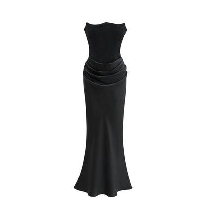 Adelina Black Off-Shoulder Pleated Maxi Dress Terylene Fiber Flared Hem