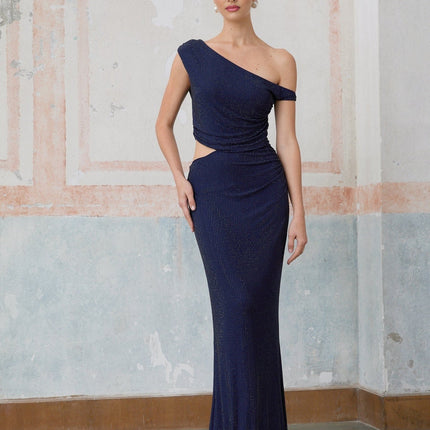Adelina Dark Blue One Shoulder Rhinestone Maxi Dress