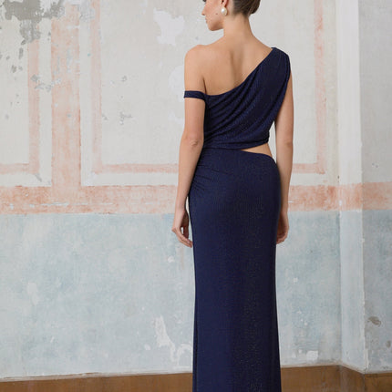 Adelina Dark Blue Rhinestone One Shoulder Maxi Dress