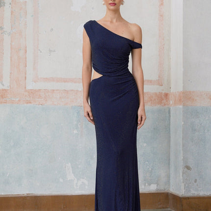 Adelina Dark Blue Rhinestone One-Shoulder Maxi Dress Terylene Fiber Ruched Detailing