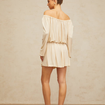 Adelina Mini Dress Neutrals Cold Shoulder Long Sleeves Shirred Effect Stretch Band Structured Design Mini Length Terylene Fiber