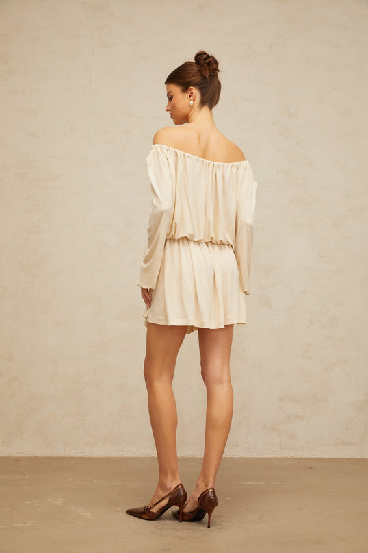 Adelina Mini Dress Neutrals Cold Shoulder Long Sleeves Shirred Effect Stretch Band Structured Design Mini Length Terylene Fiber