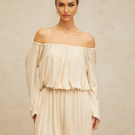 Adelina Mini Dress Neutrals Cold Shoulder Long Sleeve Shirred Stretch Band Structured Design Mini Length Terylene Fiber