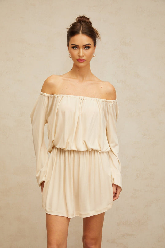 Adelina Mini Dress Neutrals Cold Shoulder Long Sleeve Shirred Stretch Band Structured Design Mini Length Terylene Fiber