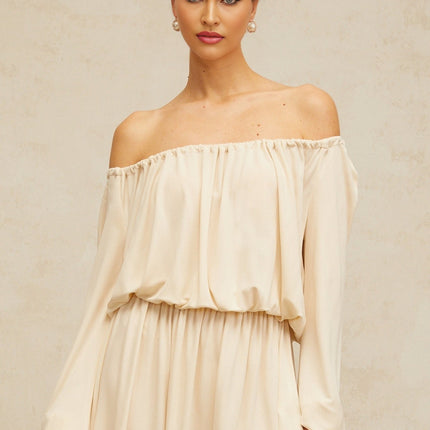 Adelina Neutrals Mini Dress with Cold Shoulder Detailing and Shirred Effect