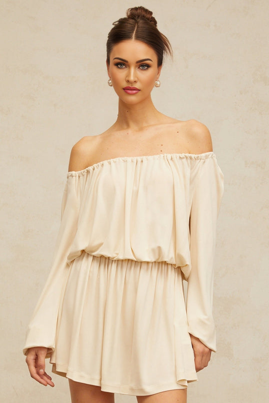 Adelina Neutrals Mini Dress with Cold Shoulder Detailing and Shirred Effect