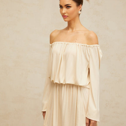 Adelina Neutrals Mini Dress cold shoulder long sleeves shirred effect stretch band structured design 100% Terylene fiber