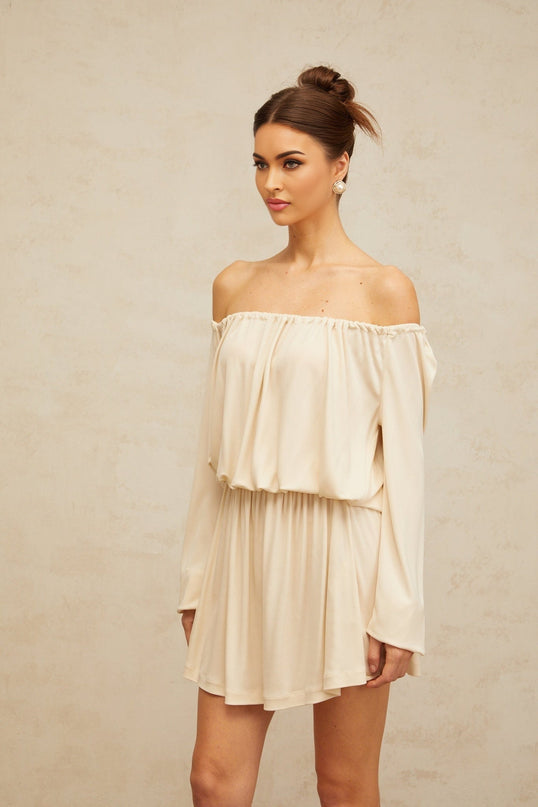 Adelina Neutrals Mini Dress cold shoulder long sleeves shirred effect stretch band structured design 100% Terylene fiber