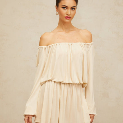 Adelina Neutrals Mini Dress Cold Shoulder Long Sleeve Shirred Stretch Band Structured Design Terylene Fiber