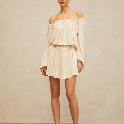 Adelina Neutrals Mini Dress Cold Shoulder Long Sleeves Shirred Effect Stretch Band Structured Design 100% Terylene Fiber
