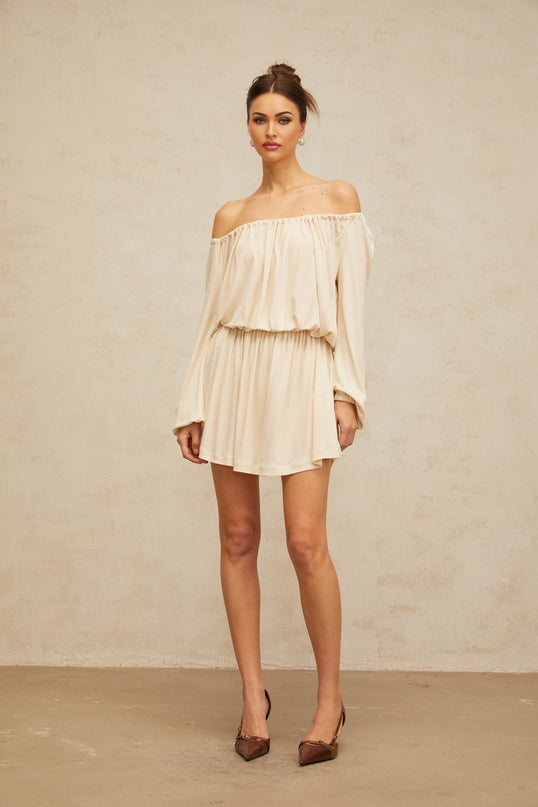 Adelina Neutrals Mini Dress Cold Shoulder Long Sleeves Shirred Effect Stretch Band Structured Design 100% Terylene Fiber